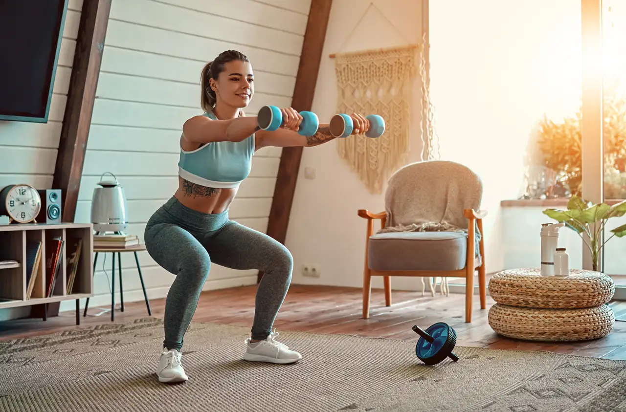 Mujer haciendo sentadillas con mancuernas en la sala de su casa, sin equipos de gimnasio